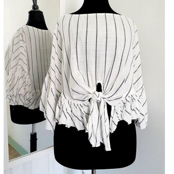 Olivaceous Bell Sleeves Tie Front   Striped Blue White Boho Crop Top Blouse L - Picture 1 of 7